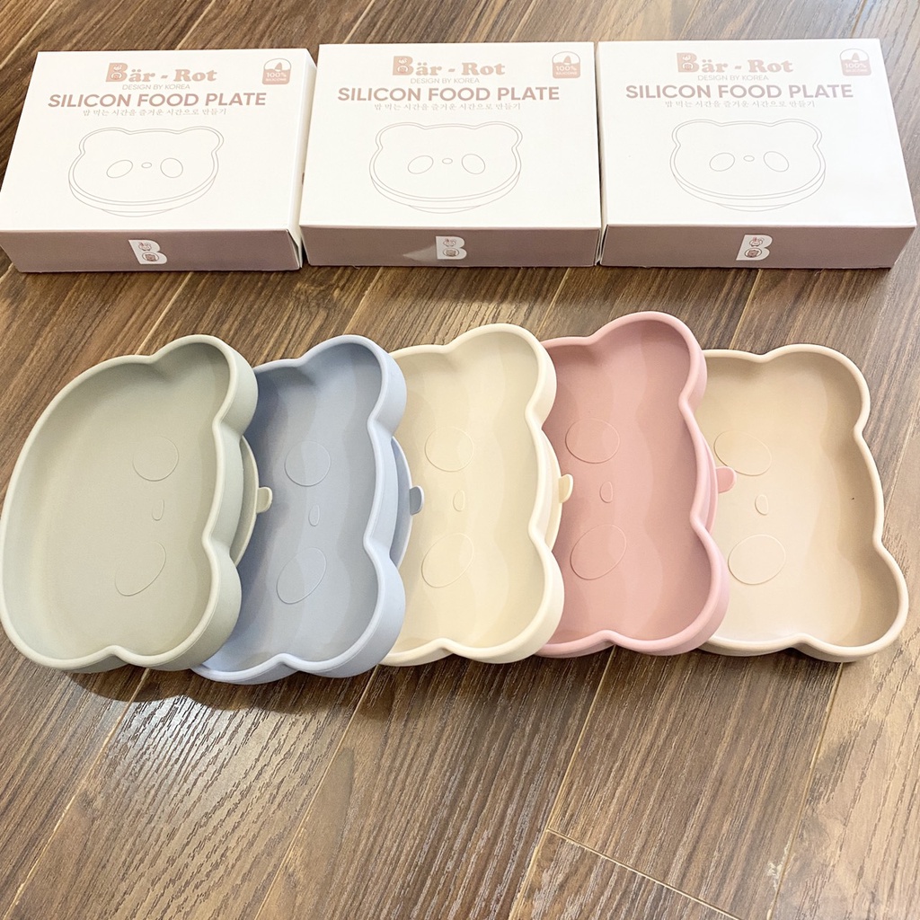 Đĩa ăn dặm silicon hình Gấu - Hoa có đế hít sàn BAR-ROT FOOD PLATE chính hãng Korea | Đĩa silicon tập ăn dặm cho bé