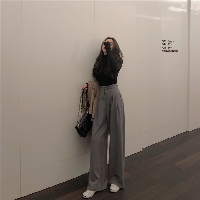 (sẵn xám m,l) Quần âu suông dài ống form rộng cạp cao xám/đen | BigBuy360 - bigbuy360.vn