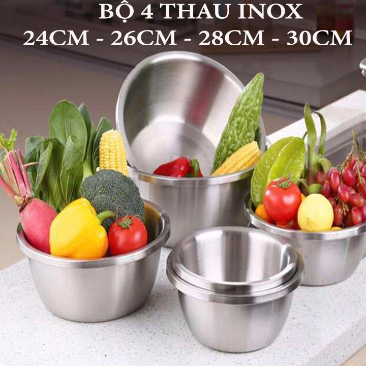 Combo 4 thau inox cao cấp size 24 cm - 26 cm - 28 cm - 30 cm rửa rau, thau trộn salad an toàn