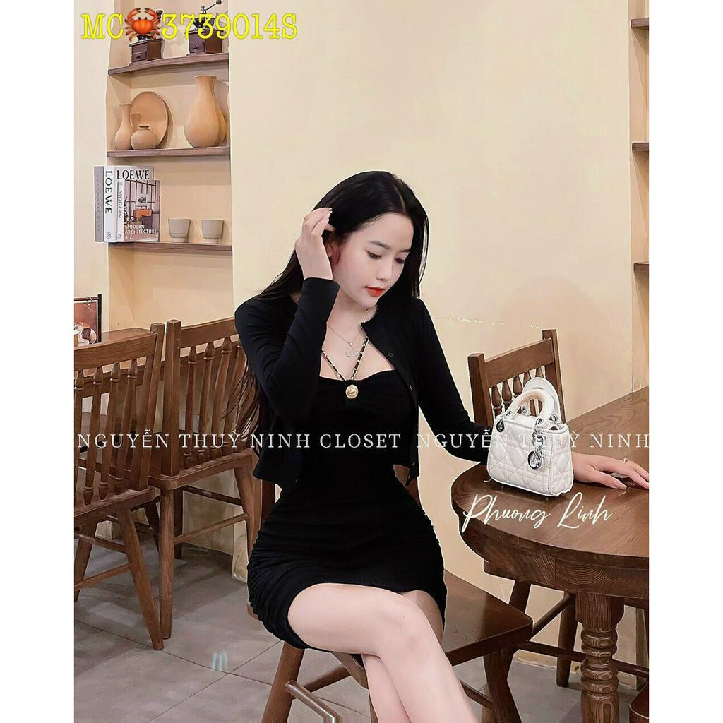 Sét đầm ống yếm dây xích đeo cổ ôm body nhúm sườn  kèm áo khoác ngoài cực xinh , chất thun gân mềm mịn