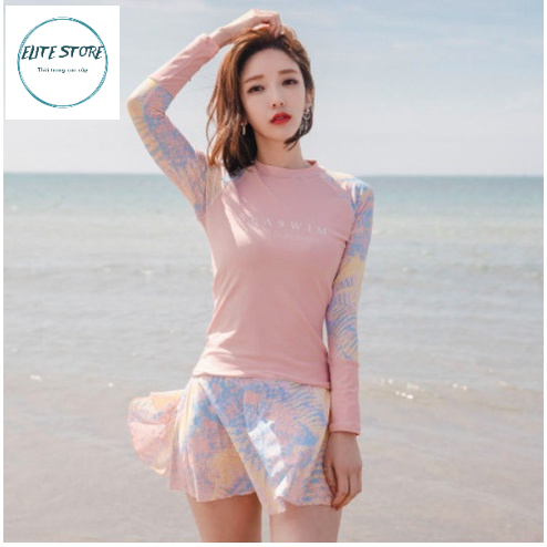 Bộ Đồ bơi nữ, đồ tắm biển dài tay quần short năng động, bộ đồ bơi gái size đại