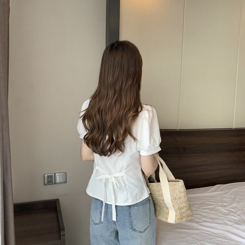 SUXI Áo Sơ Mi Tay Phồng Màu Trơn Dáng Ôm Dễ Phối Đồ Thời Trang Mùa Hè Cho Nữ