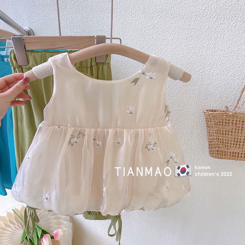 Bộ Áo Không Tay + Quần Dài Chống Muỗi Thêu Họa Tiết Mới Dành Cho Bé Gái