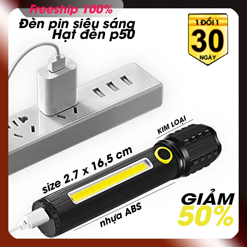 Đèn pin siêu sáng chuẩn bóng P50 đầu kim loại cán nhựa - size 2,7 x 16,5 cm - full hộp như hình.
