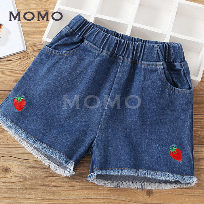 (3-16 Years Old) Children's Fashionable Embroidered Cartoon Denim Shorts Girls' Ripped White All-Matching Outdoor Hot Pants