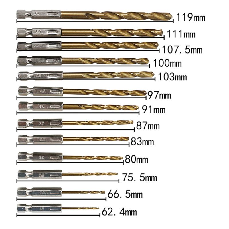 Bộ 13 Mũi Khoan HSS Tốc Độ Cao Bằng Thép Titanium Kích Thước 1.5-6.5MM 1 / 4