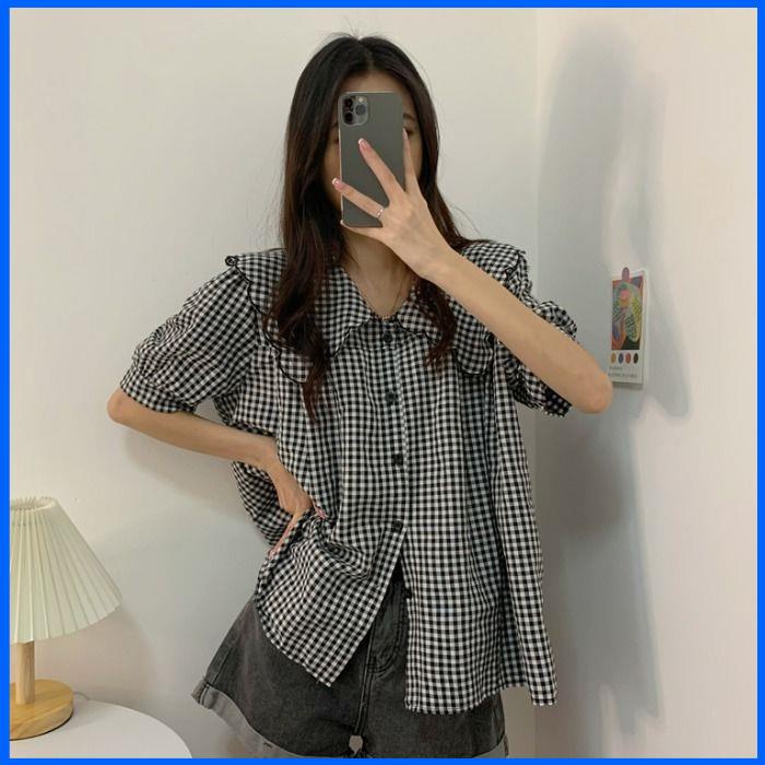 Áo babydoll Áo Sơ Mi Tay Ngắn Phồng Cổ Búp Bê Họa Tiết Sọc Caro Phong Cách Pháp Thời Trang Mùa Hè Cho Nữ