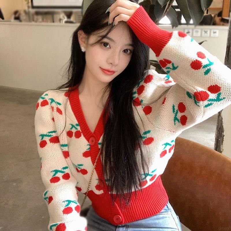 Áo len cổ chữ V tay dài in hình quả anh đào phong cách Hàn Quốc cổ điển cho nữ