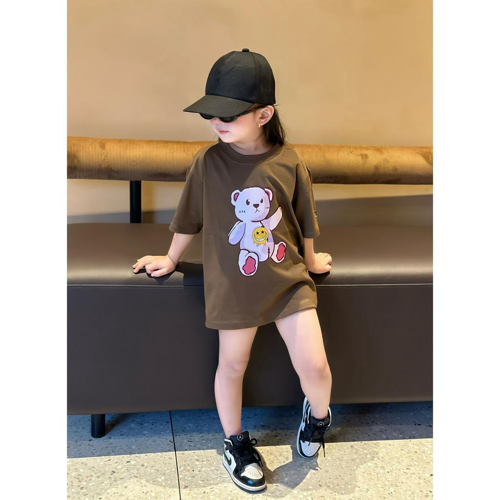 Áo thun gia đình gấu hồng tay chào cho bé , áo phông trẻ em unisex , Kid_genz