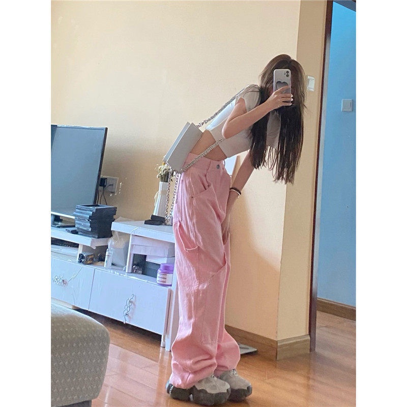 ◈❣▣Quần Jean Hồng Lưng Cao Ống Rộng Phong Cách Hàn Quốc Thời Trang Mùa Hè Mới Cho Nữ