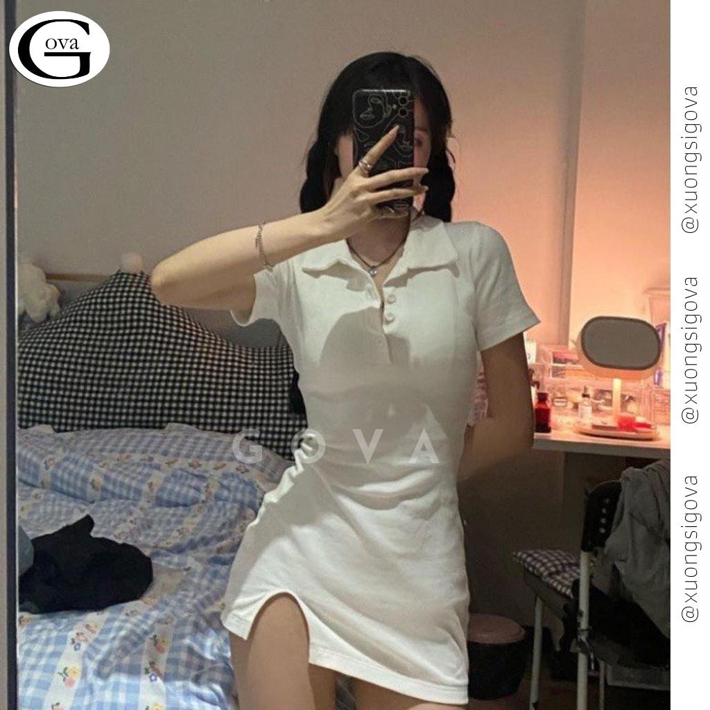 Váy Body Cổ Bẻ Xẻ Trước Chất Thun Gân Tăm Đầm Ôm Sexy GOVA