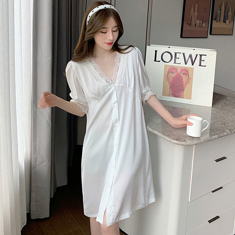 Đầm ngủ tay ngắn chất lụa màu trơn phong cách Hàn Quốc dễ thương thời trang mùa hè cho nữ