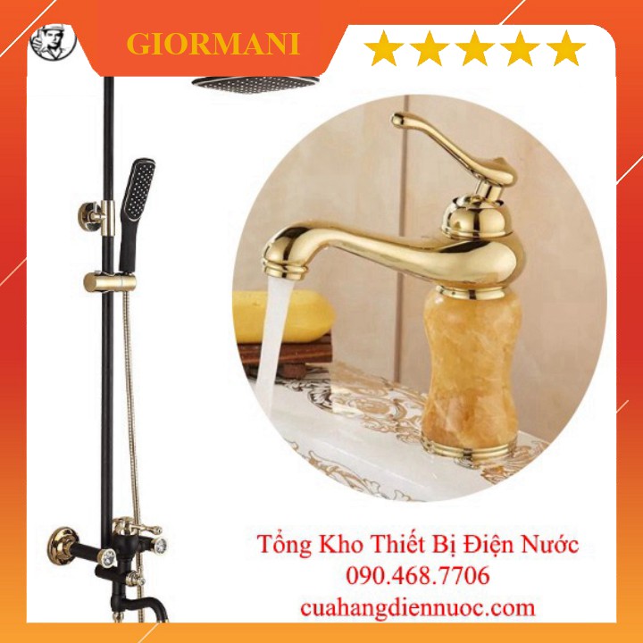 Combo bộ sen cây tắm đính đá kèm vòi chậu lavabo vàng đen cao cấp SC08-SNL23