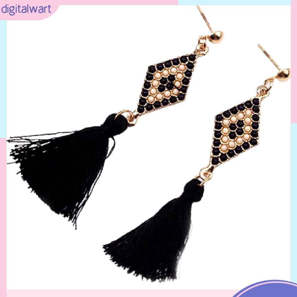 Cặp khuyên tai hình thoi đính đá phối bông tua rua cá tính sang trọng dành cho nữ