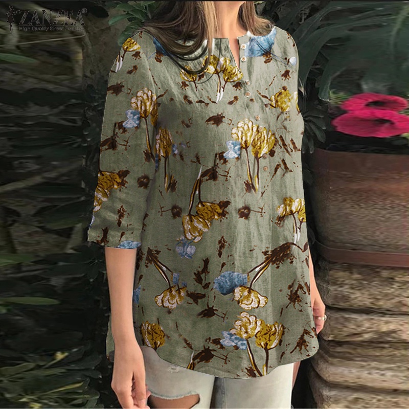 Zanzea Áo Sơ Mi Tay 3 / 4 Bằng Cotton In Họa Tiết Dành Cho Nữ
