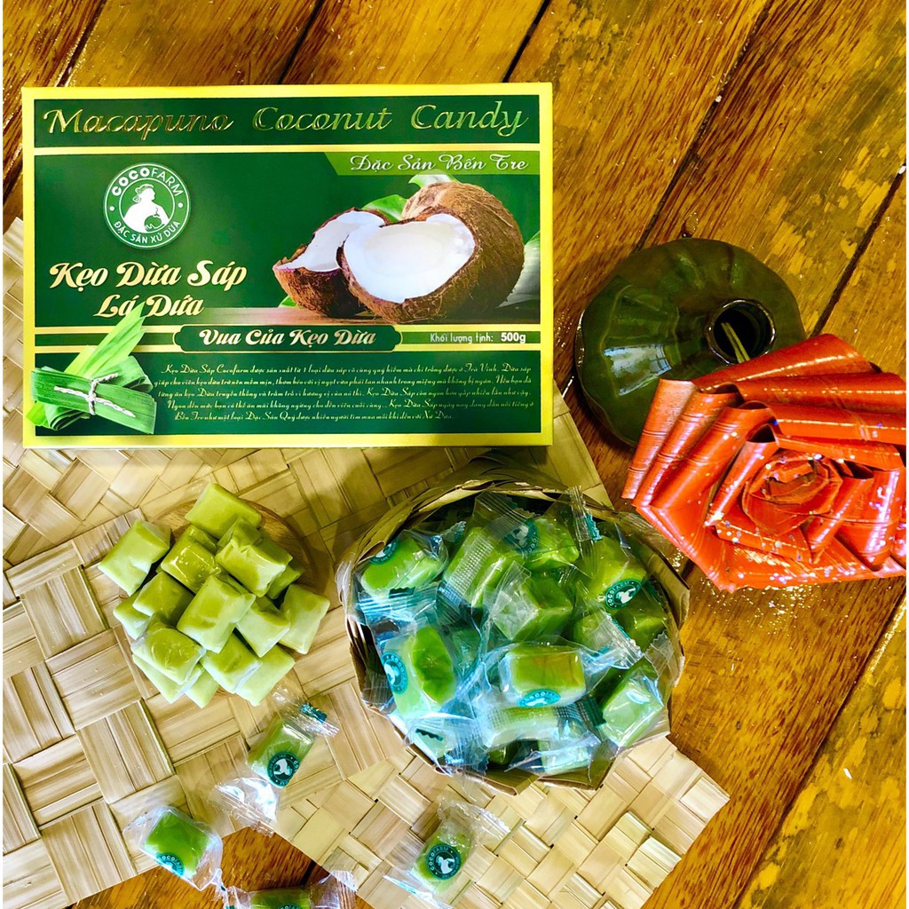 Kẹo dừa sáp vị lá dứa (hộp 500gr) - Đặc sản Bến Tre