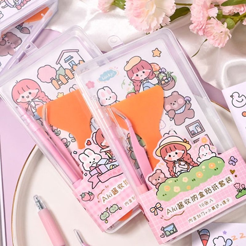 Hộp 16 Tấm Sticker Hoạt Hình Dán Trang Trí Móng Tay Kèm Dao/Nhíp/Thước/Xẻng Bằng Nhựa