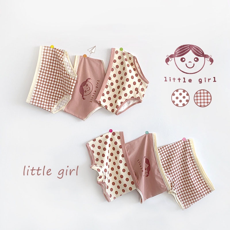 Set 3 quần lót SANITKUN cotton thoáng khí in họa tiết chấm bi kẻ ô và hoạt hình dành cho bé gái