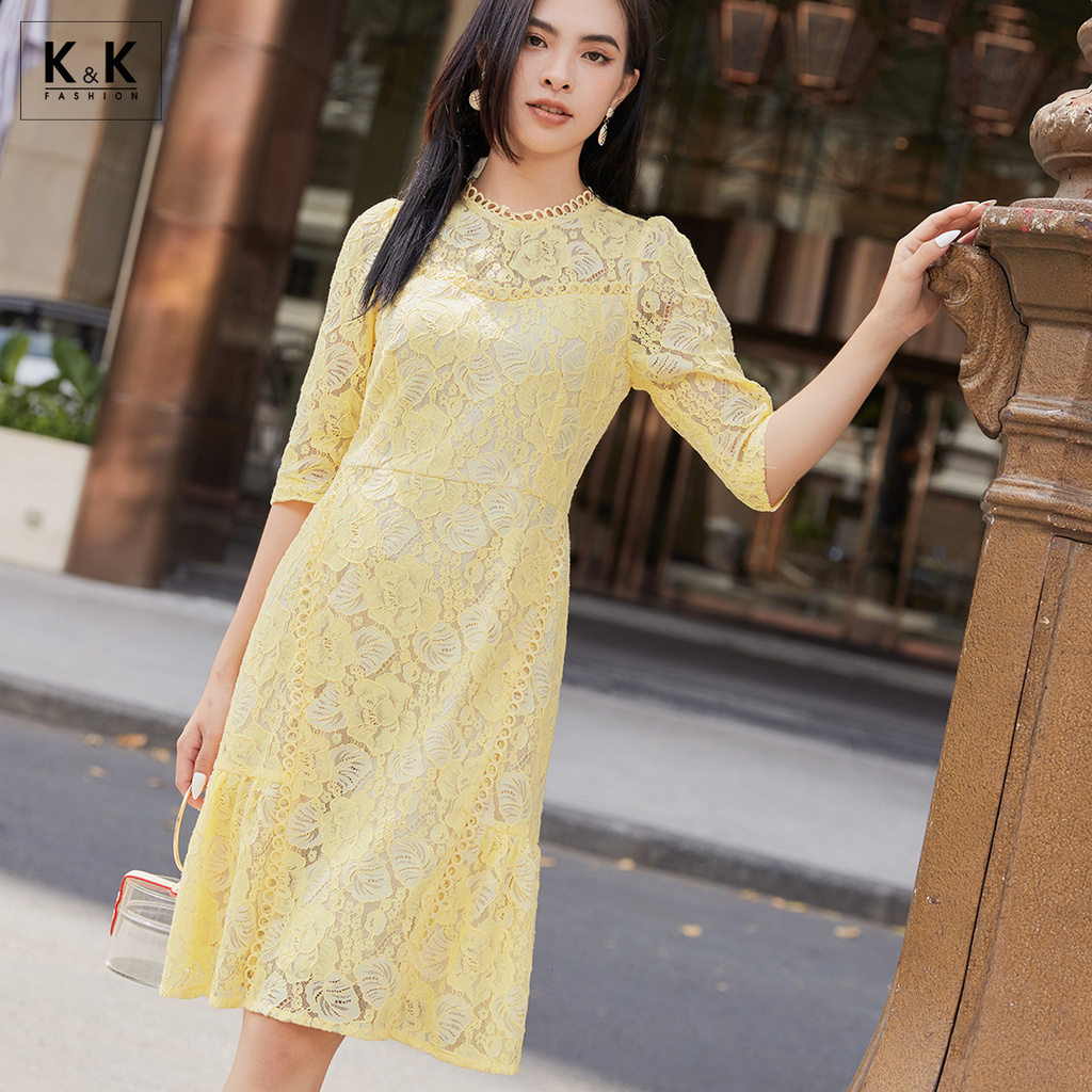 [Mã KKFA50KK giảm 50K đơn 0Đ] Đầm Ren Ôm Body Tay Lỡ K&amp;K Fashion KK106-36 Màu Vàng Vải Ren