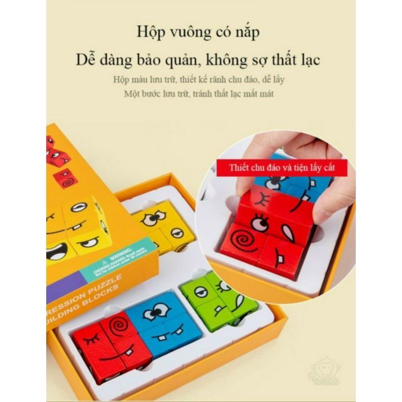 đồ chơi board game xếp hình lập phương thay đổi biểu cảm bằng gỗ