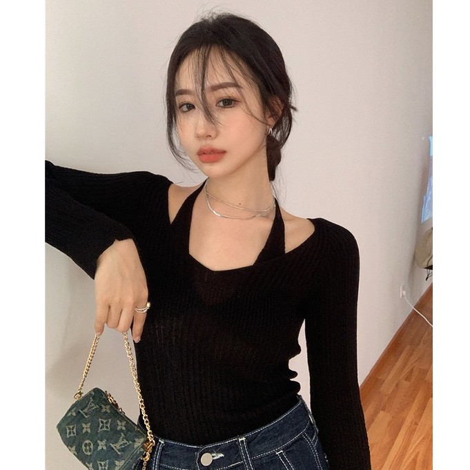 QADCOL Áo sweater dệt kim tay dài dáng ôm thiết kế độc đáo thời trang gợi cảm dành cho nữ