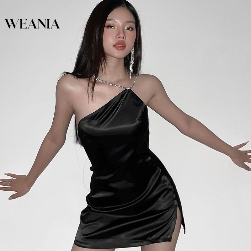 Đầm hai dây WEANIA hở lưng chất liệu satin lấp lánh quyến rũ