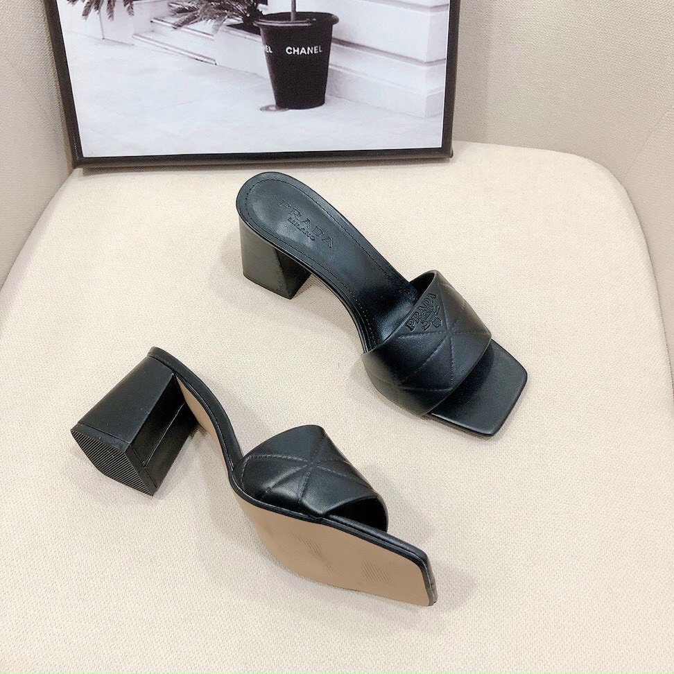 Guốc quai ngang phồng PD in nhiệt gót vuông cao 7 cm da mềm đi siêu êm chân mẫu mới Hot Trend