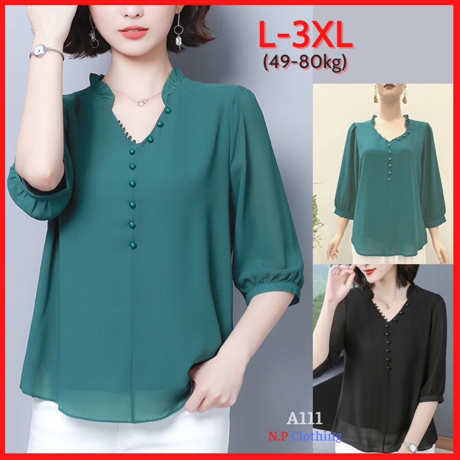 Áo Trung Niên Nữ A111, Mẫu Áo Kiểu Tay Lỡ Cổ V Đính Nút Form Rộng Bigsize | Thời Trang Trung Niên U50