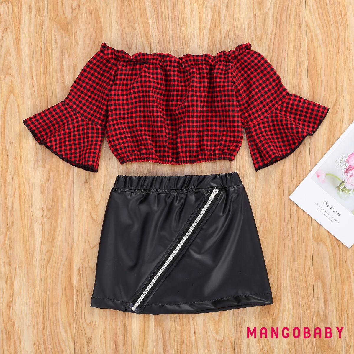MG-Toddler Kid Girls 2 Pcs Summer Outfits, Off Shoulder Flared Sleeve Plaid Blouse + Black Leather Skirt Clothes Set