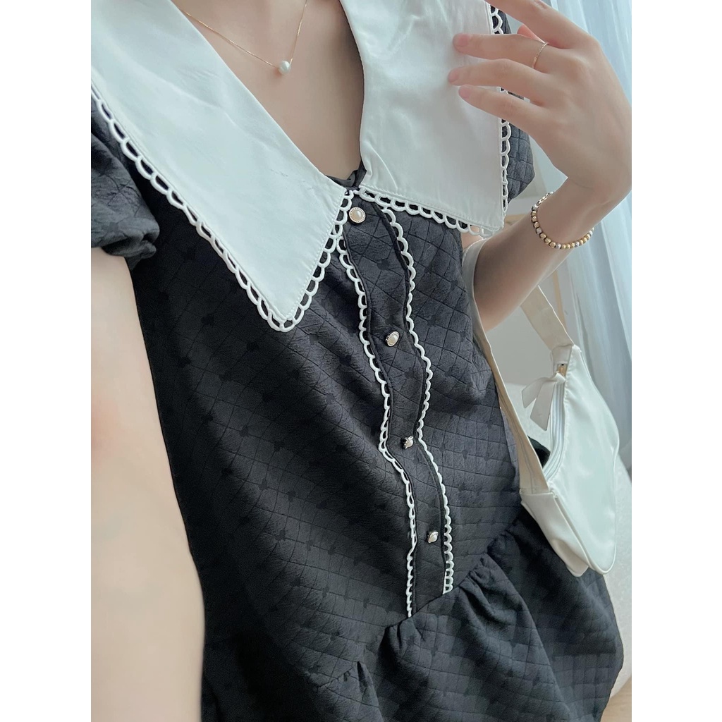 [Ảnh thật/Sẵn] Đầm - Váy babydoll nhung gấm phối cổ cúc ngọc thắt nơ dáng xòe