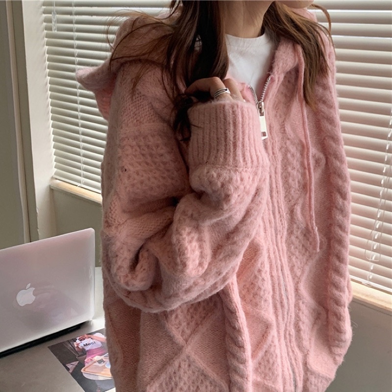 (Sẵn Hồng, Có ảnh thật) Áo Khoác Len Cardigan Có Mũ Taobao