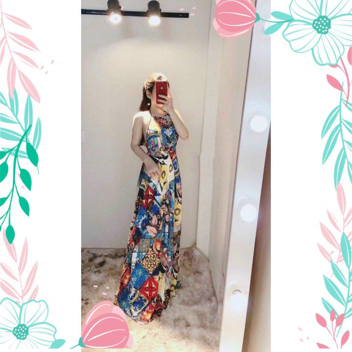 Đầm Maxi Đi Biển Họa Tiết Đẹp Cổ Yếm Váy Đầm Du Lịch Thời Trang Dáng Dài | BigBuy360 - bigbuy360.vn