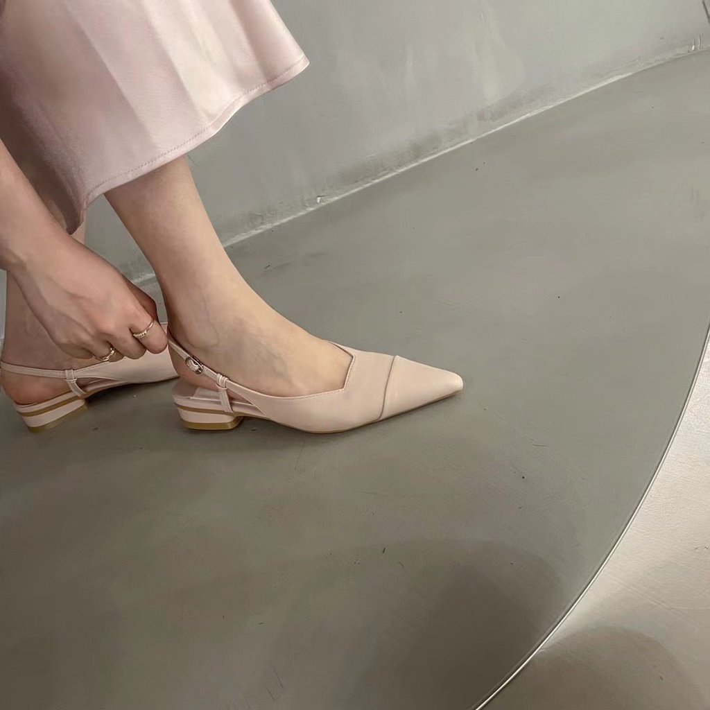 Slingback mũi nhọn, da mềm, quai cài, đế cao 3cm - 080722001