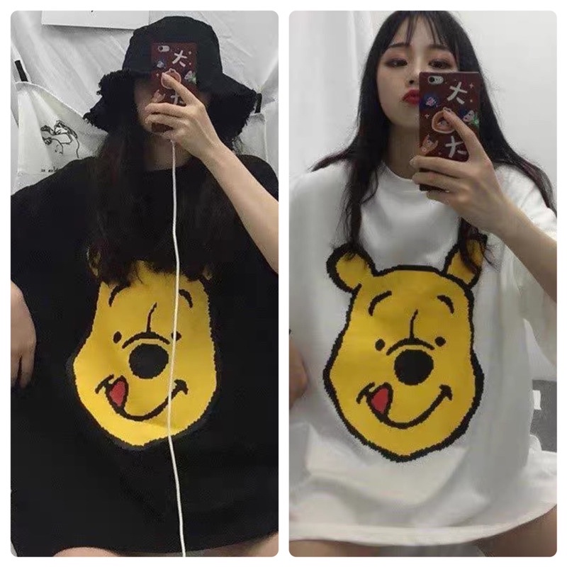 [Rẻ vô địch] Áo thun cotton tay lỡ dáng rộng unisex gấu pooh freesize 38-65kg