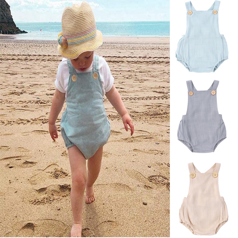 Bộ Áo Liền Quần Vải Cotton Lanh Mềm Mại Màu Trơn Dễ Thương Cho Bé Trai + Gái