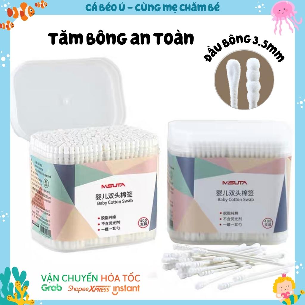 Tăm bông cho bé, bông ngoáy tai cho bé Misuta hộp 400 que được làm từ sợi bông tự nhiên thân thiện với môi trường CM27