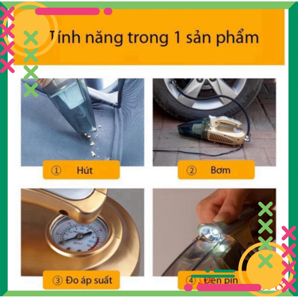 [FREE SHIP] 💥[CHÍNH HÃNG + FREE SHIP]💥 Máy Hút Bụi ô tô 4 in 1 Bơm Lốp Đo Áp Suất Và Đèn Pin Siêu Sáng BẢO HÀNH 1 NĂM�