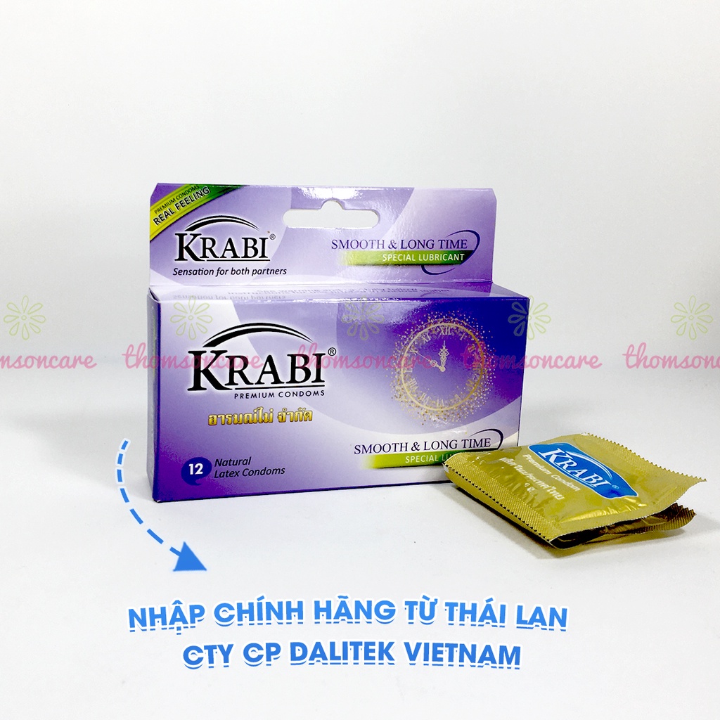 Bao cao su Krabi - bcs gân gai siêu mỏng, kéo dài thời gian bôi trơn, 49mm đôn dên - Hộp 12 chiếc condom từ Thái Lan