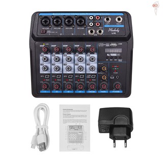 X&S Muslady U6 Musical Mini Mixer 6 Channels Audio Mixers BT USB Mixing Console with Sound Card Built-in 48V Phantom Power EU Plug