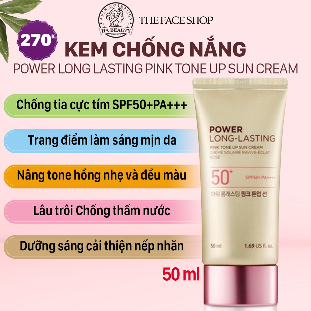 Kem chống nắng trang điểm dưỡng da chống nước lâu trôi The Face Shop Natural Sun Eco Power Long Lasting SPF50+PA+++ 50ml