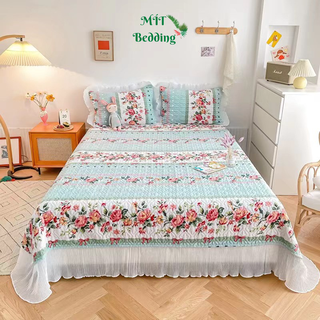 Sét ga gối phủ cotton korea trần bông 3 lớp - ga phủ viền bèo đính ren hàng nhập khẩu free size cho mọi cỡ giường