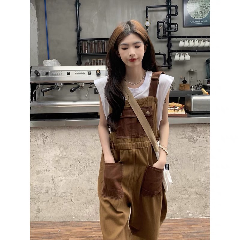 𝗺𝗶𝗲 𝘀𝘁𝘂𝗱𝗶𝗼 - HÀNG CÓ SẴN Yếm quần dài dáng rộng mặc được 2 mặt màu nâu mix màu retro cài cúc phía sau