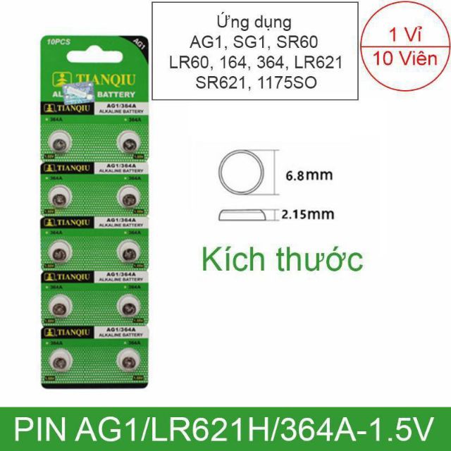 1 Vỉ 10 Viên Pin AG1 LR621H 364A SG1 SR60 LR60 621 Cho Đồng Hồ Đeo Tay