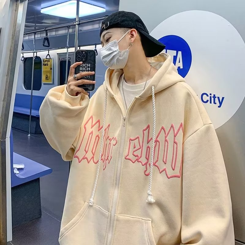 【Ba màu】vintage zip Kaki áo hoodie nam nữ harajuku Nâu áo hoodie form rộng áo khoác nam dây kéo Hiphop áo hoodie nữ