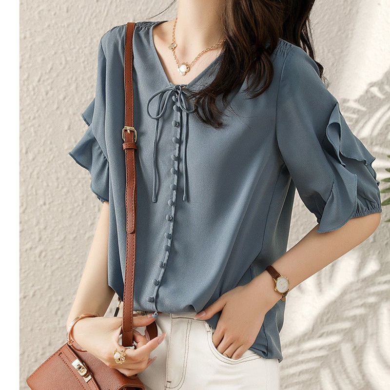 Áo Sơ Mi Ngắn Tay Phối Bèo Phong Cách Pháp 175286 Áo Sơ Mi Dáng Rộng Phong Cách Retro Cá Tính