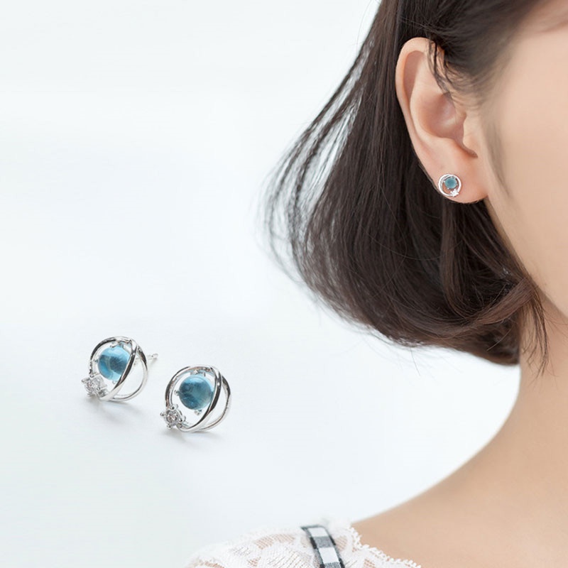 Khuyên Tai Nữ Hình Quả Đia Cầu Bạc 925 Đính Đá Màu Xanh Cho Nữ - B2427 - Bảo Ngọc jewelry