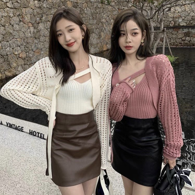 Set cardigan 2 món len lưới dây khuy Hàng QC SĐ04