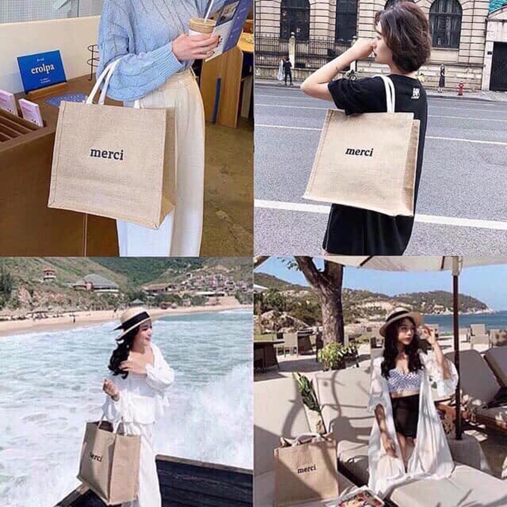 Túi cói Merci đi du lịch loại 1 túi to,lót dày dặn, ko bán hàng loại 2 nhe, có bọc nâu bên ngoài TBB23