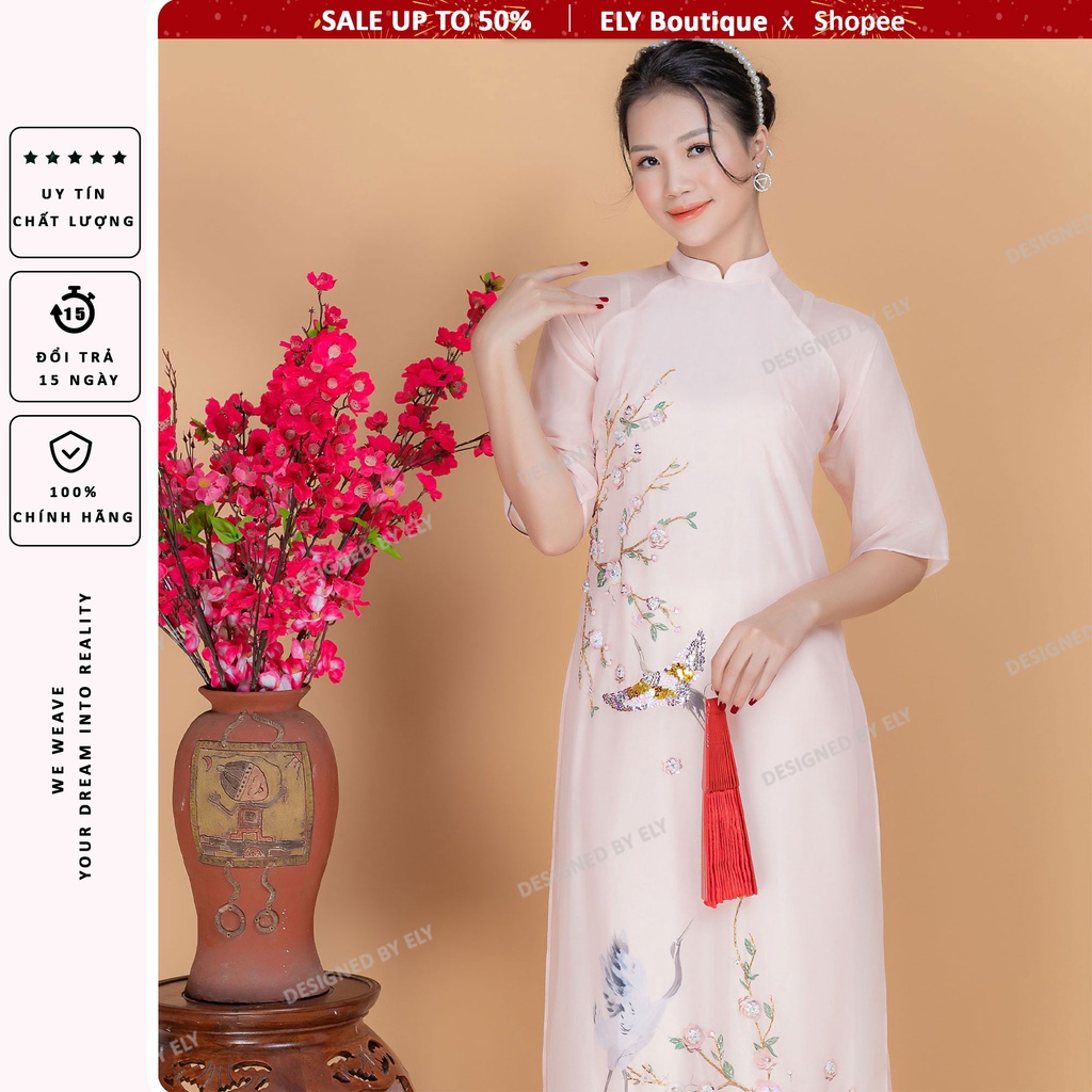 Áo dài cách tân nữ truyền thống 4 tà ELY vải voan tơ kết đính hoa nổi ELV03