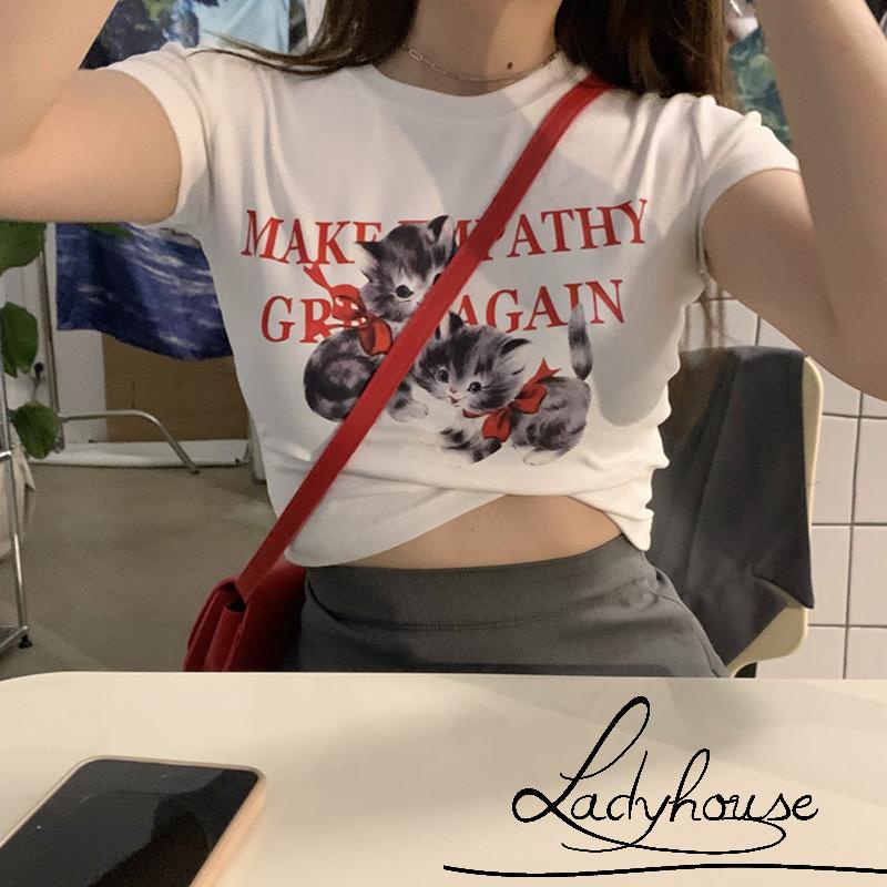 Áo Thun Crop Top Tay Ngắn Cổ Tròn In Hình Mèo Dễ Thương Thời Trang Mùa Hè Dành Cho Nữ